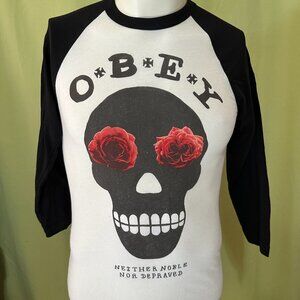Obey Skull Roses Men's Long Sleeve White Black Shirt Small Made in USA Neither N
